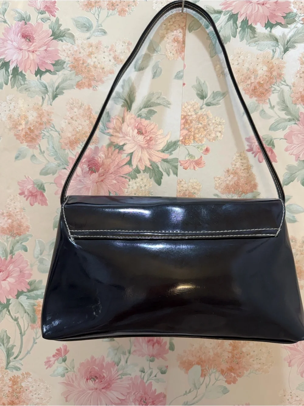 Y2K black Patent Shoulder Bag with Decorative Bow